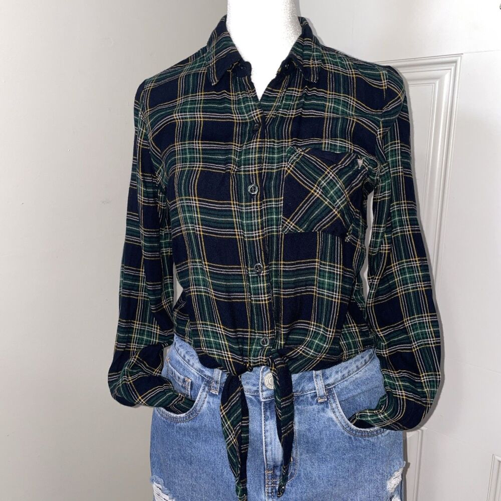 Guess Women's Plaid Cropped Button Down Shirt Tie In Front Black Green Size XS